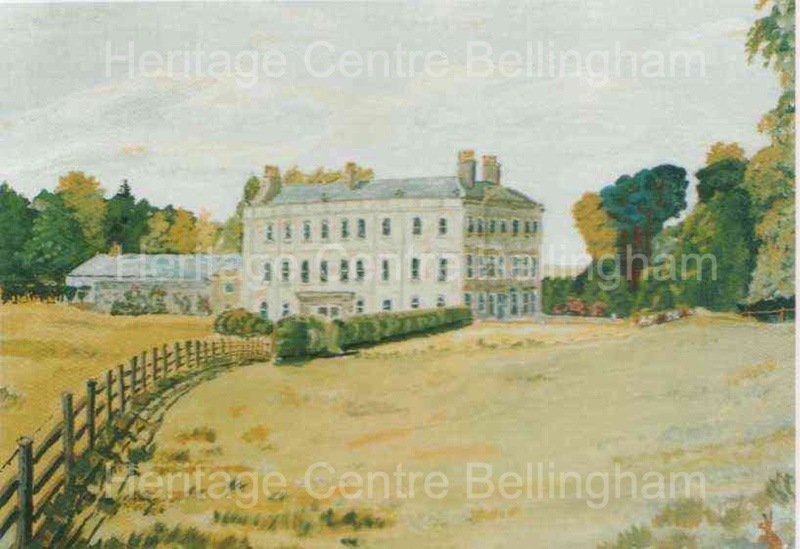 Postcard print of watercolour of Hesleyside, by John Charlton. Message on reverse dated 28.3.1999 from John Charlton to Ken Gaskin re Heritage Centre